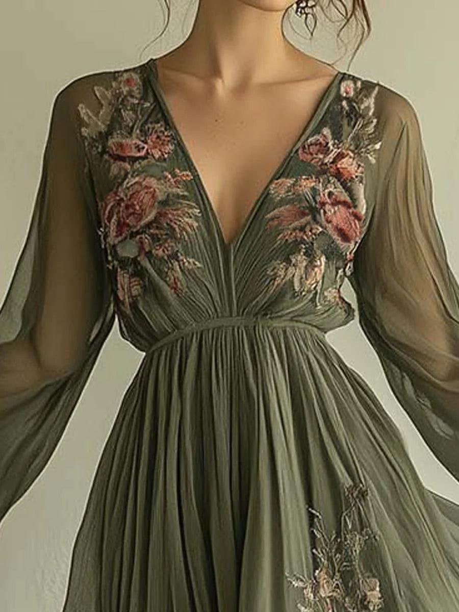 Embroidered Chiffon Maxi Dress with Sheer Long Sleeves 2
