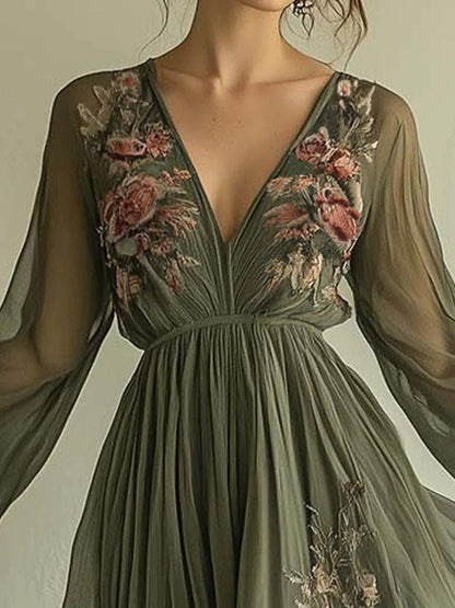 Embroidered Chiffon Maxi Dress with Sheer Long Sleeves 2