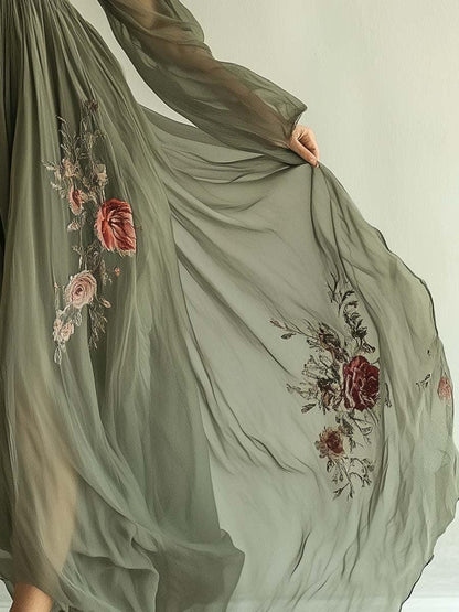 Embroidered Chiffon Maxi Dress with Sheer Long Sleeves 3