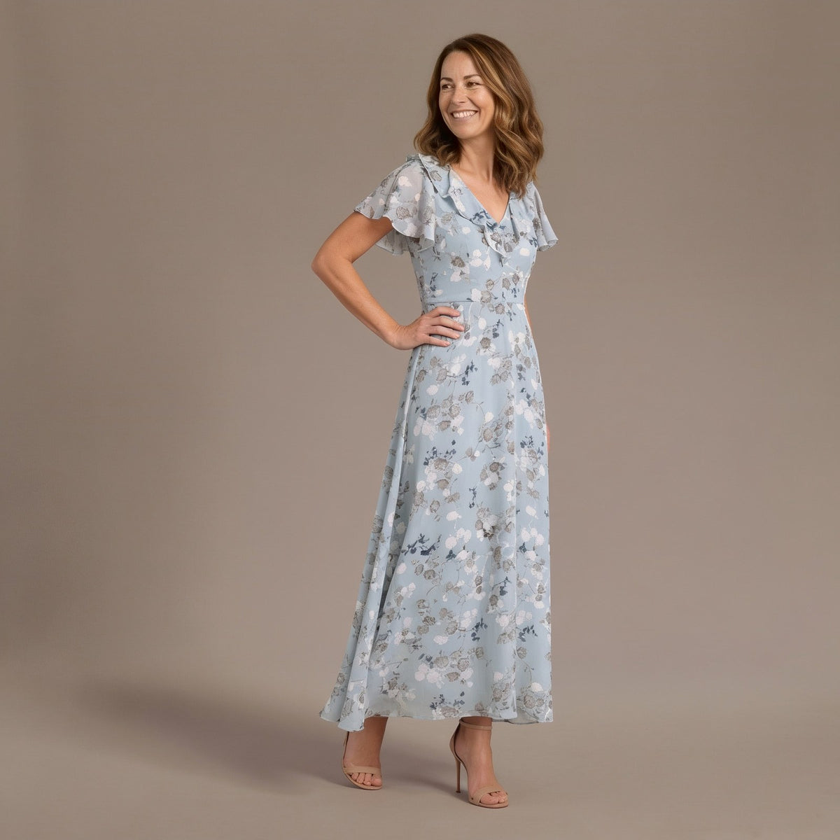 Floral Maxi Dress with Ruffle V Neck and Flutter Sleeves