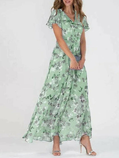 Floral Maxi Dress with Ruffle V Neck and Flutter Sleeves 2