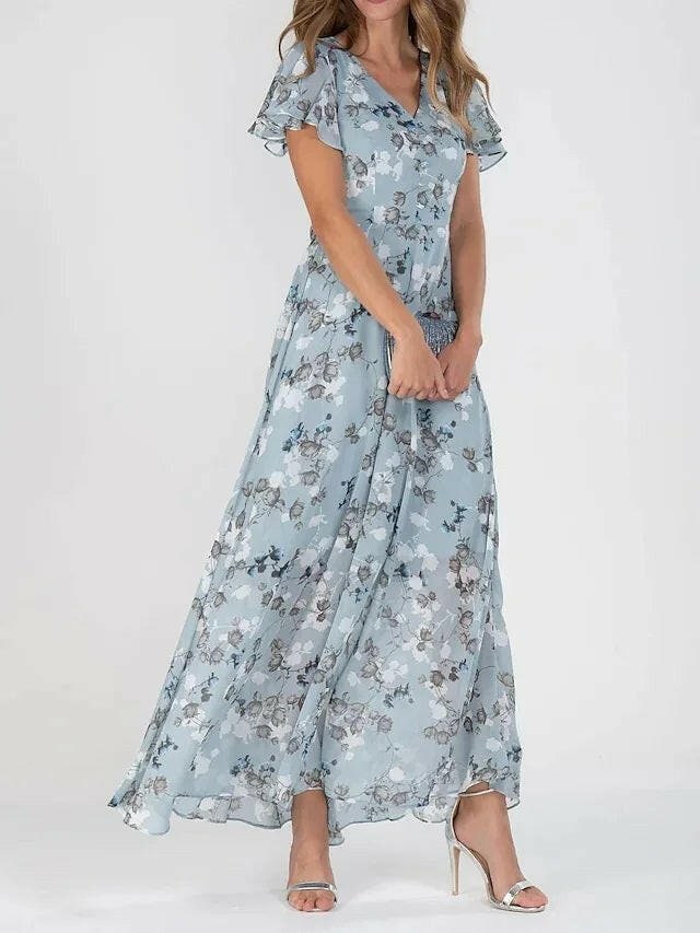 Floral Maxi Dress with Ruffle V Neck and Flutter Sleeves 3
