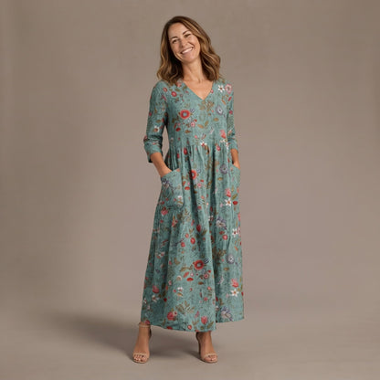 Floral Maxi Summer Dress with V Neck, 3/4 Sleeves and Pockets