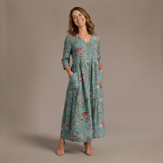 Floral Maxi Summer Dress with V Neck, 3/4 Sleeves and Pockets