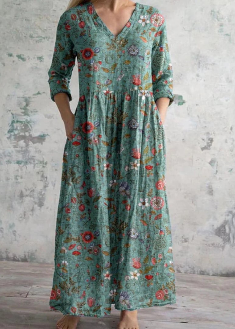 Floral Maxi Dress with V Neck, 3/4 Sleeves and Pockets 2