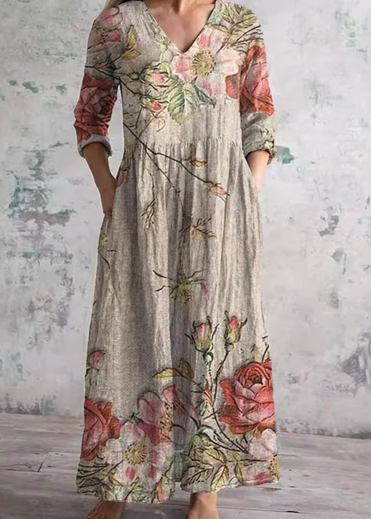 Floral Maxi Dress with V Neck, 3/4 Sleeves and Pockets 3