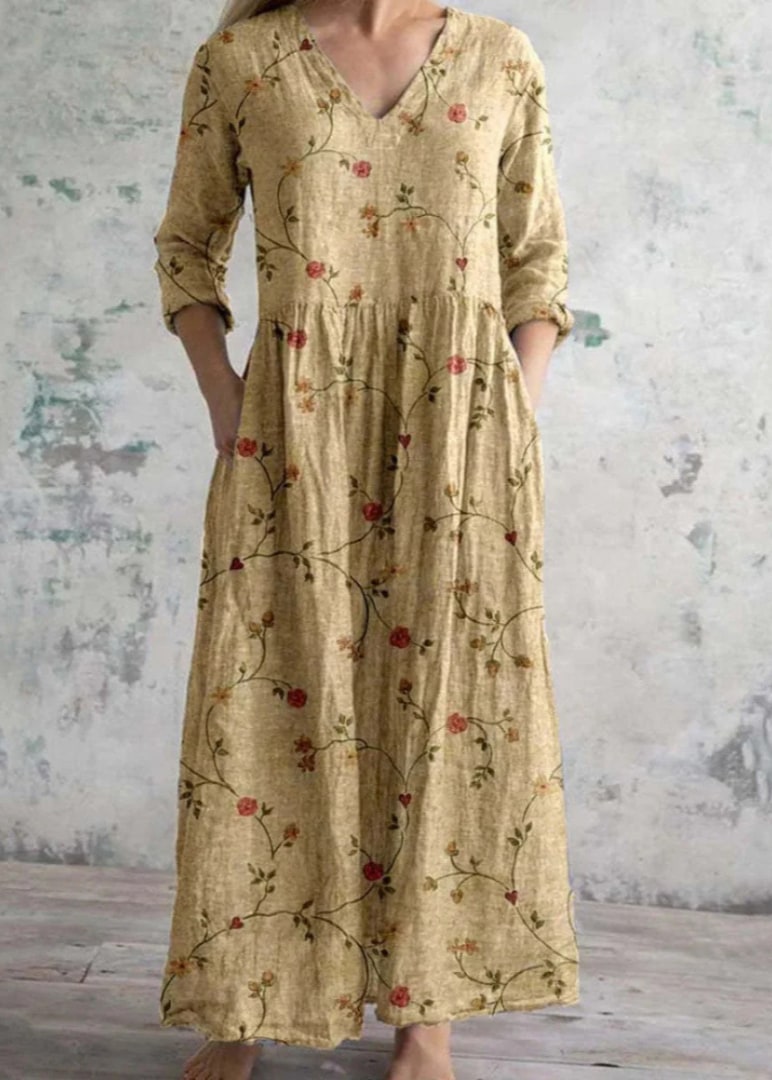 Floral Maxi Dress with V Neck, 3/4 Sleeves and Pockets 4
