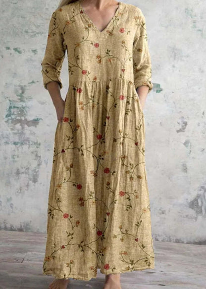 Floral Maxi Dress with V Neck, 3/4 Sleeves and Pockets 4