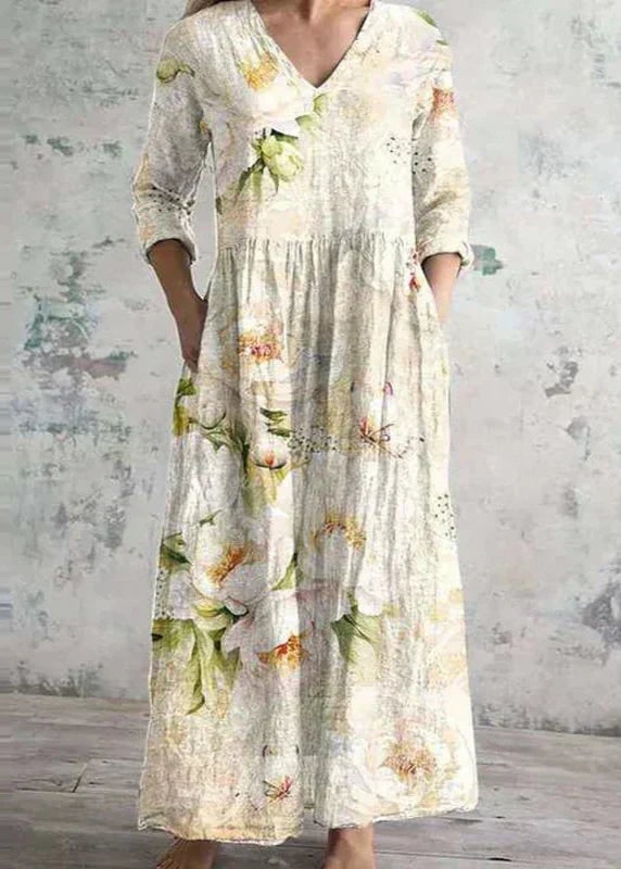 Floral Maxi Dress with V Neck, 3/4 Sleeves and Pockets 5