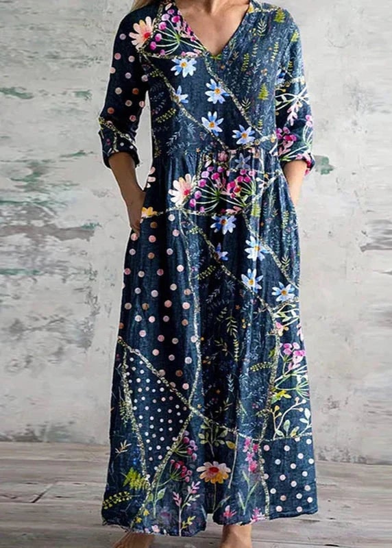 Floral Maxi Dress with V Neck, 3/4 Sleeves and Pockets 6
