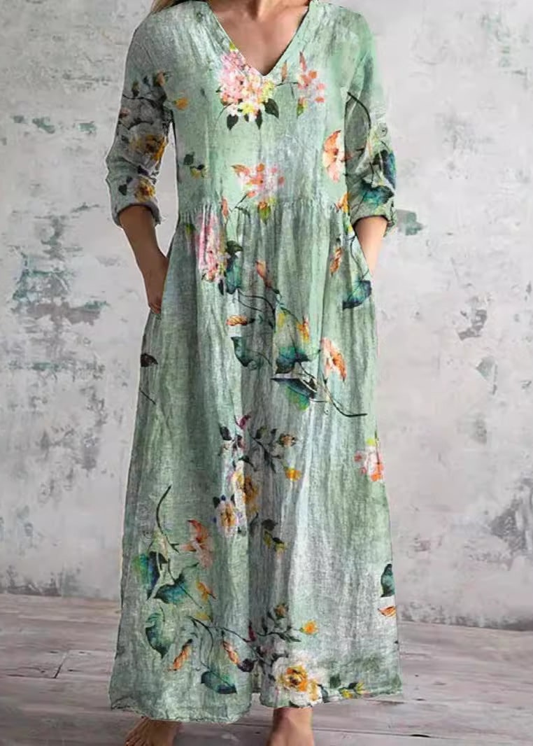 Floral Maxi Dress with V Neck, 3/4 Sleeves and Pockets 7
