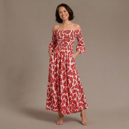 Floral Off Shoulder Maxi Dress With Flared Sleeves and Pockets