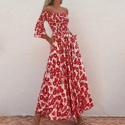 Red floral off shoulder maxi dress with flared sleeves front view 2