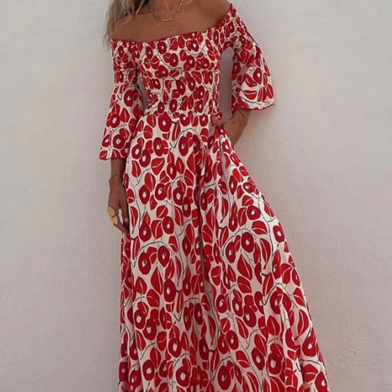 Smocked bodice of red floral maxi dress close up 3