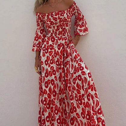 Smocked bodice of red floral maxi dress close up 3