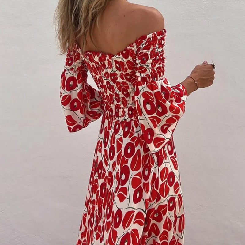 Back of off shoulder floral dress with smocking 4