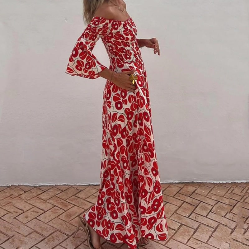 Red floral maxi dress side view showing full length 5