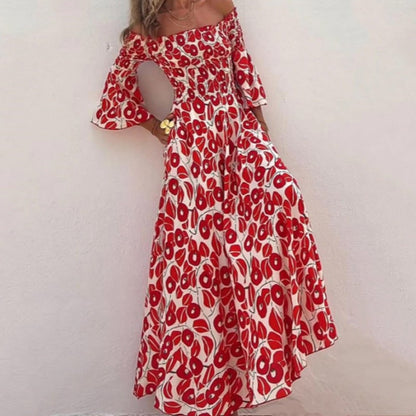 Flowing skirt of red floral off shoulder dress 6