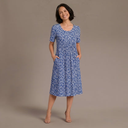 Floral Round Neck Printed Midi Dress with Short Sleeves and Pockets