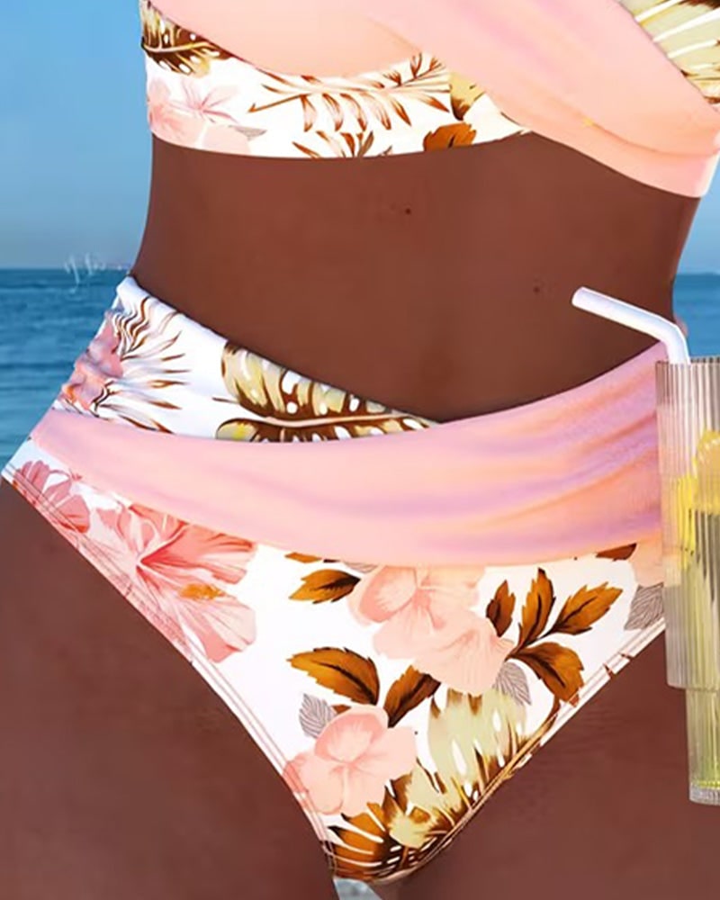 Close view of pink floral high waist bikini bottom