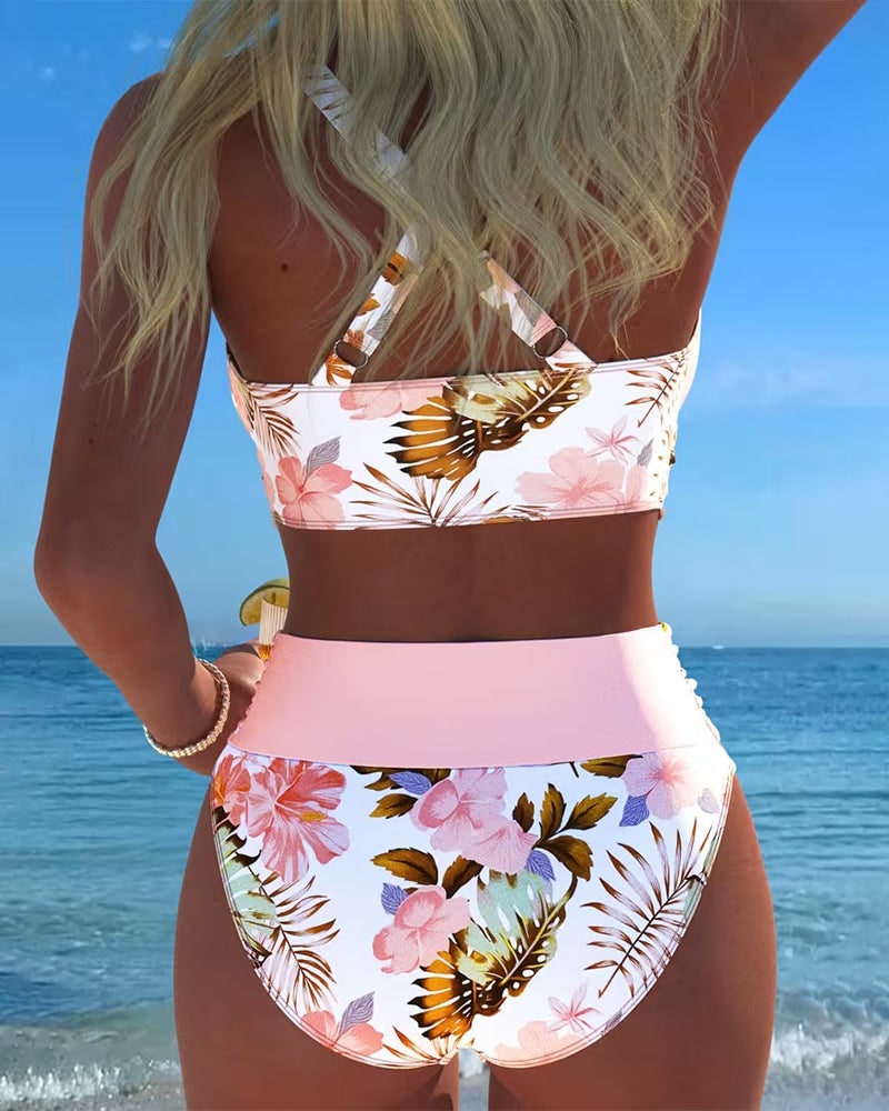Back view of pink floral bikini with cross back straps