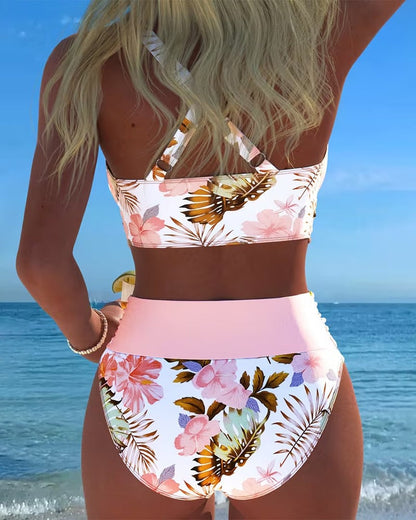 Back view of pink floral bikini with cross back straps