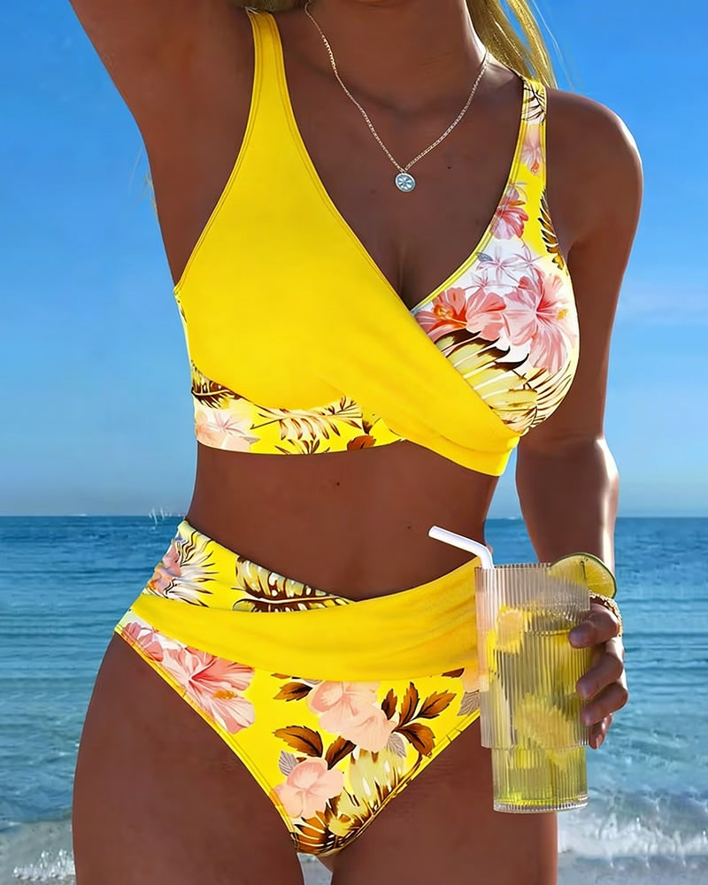 Yellow floral wrap bikini with contrast panels and high waist bottom