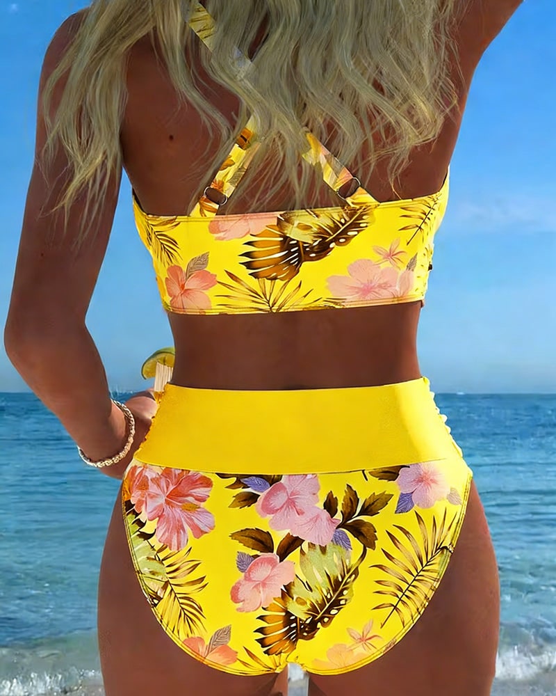 Back view of yellow floral bikini with cross back straps