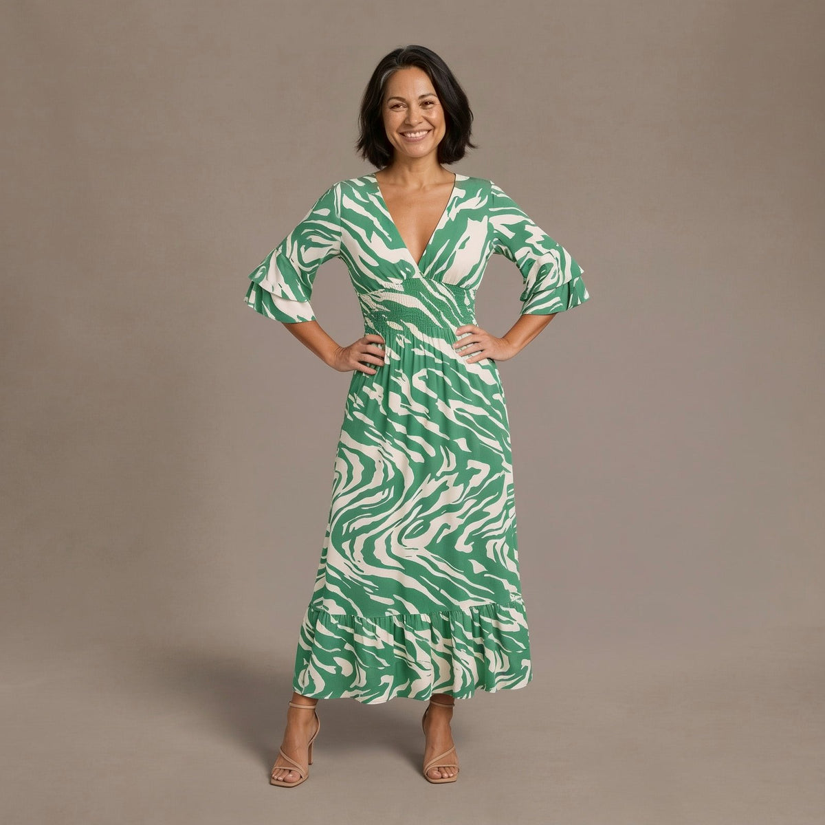Flowy Zebra Print Maxi Dress With V-Neck and Ruffle Sleeves