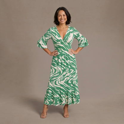 Flowy Zebra Print Maxi Dress With V-Neck and Ruffle Sleeves