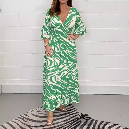 Green zebra stripe maxi dress with V-neck front view 2