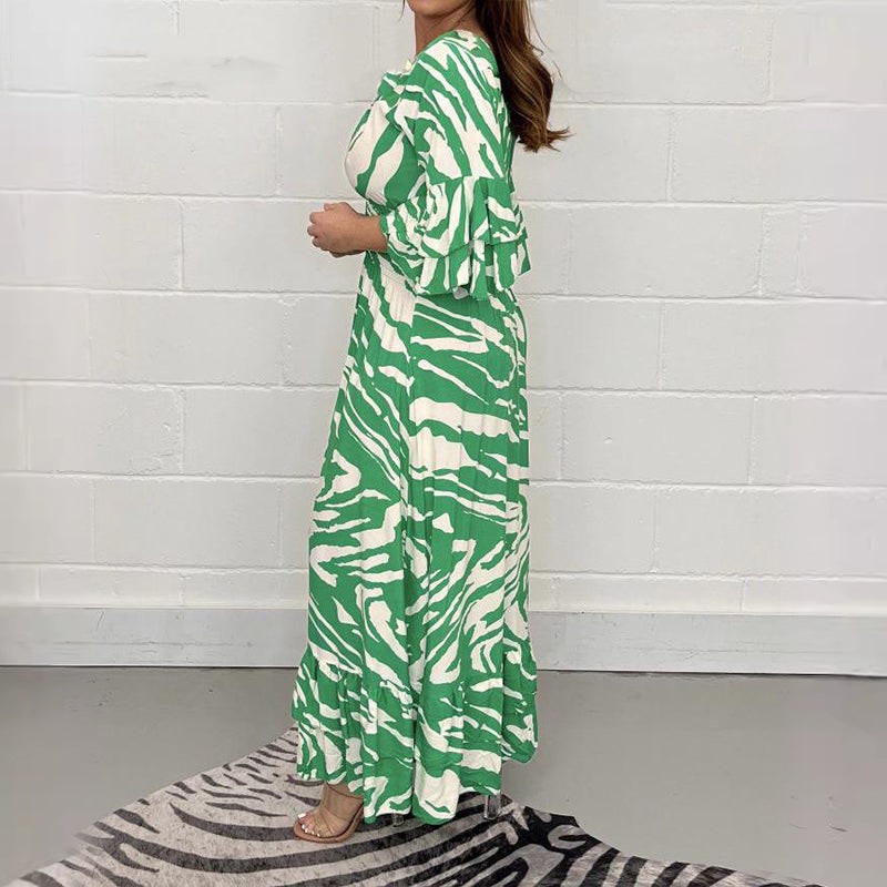 Green zebra print maxi dress side view with ruffle sleeve 3