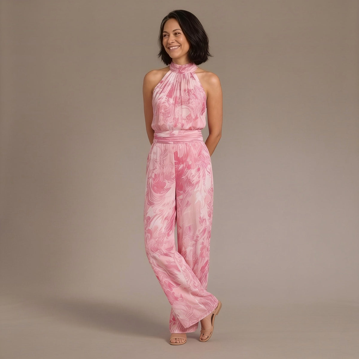 Halter Neck Top and Wide Leg Trousers Linen Blend Set in Pink Print