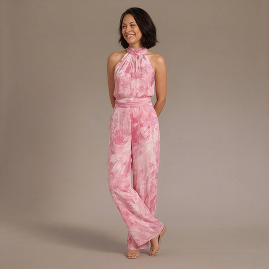 Halter Neck Top and Wide Leg Trousers Linen Blend Set in Pink Print
