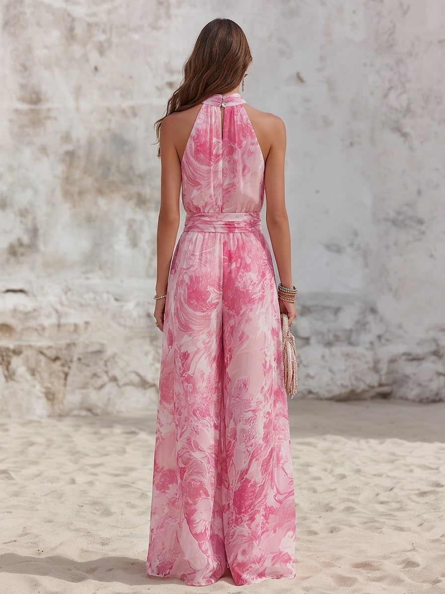 Halter Top and Wide Leg Trousers Linen Blend Set in Pink 2