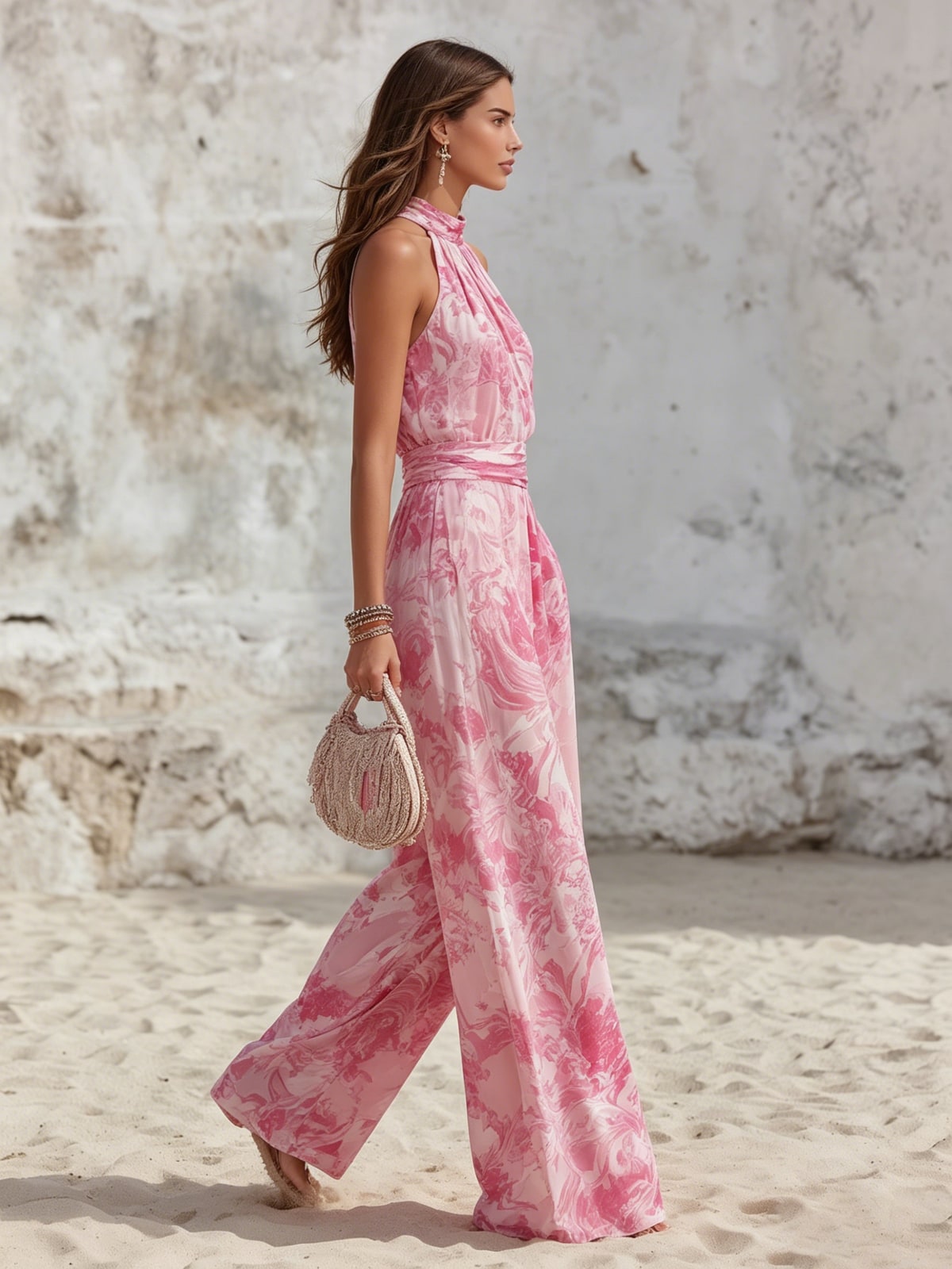 Halter Top and Wide Leg Trousers Linen Blend Set in Pink 3