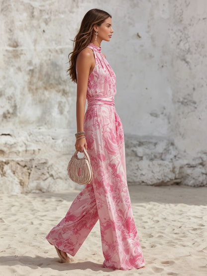 Halter Top and Wide Leg Trousers Linen Blend Set in Pink 3