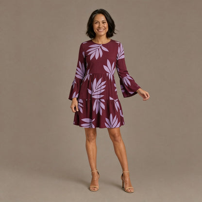 Leaf Print Long Sleeve Tiered Mini Dress