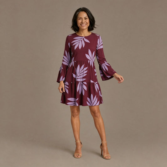 Leaf Print Long Sleeve Tiered Mini Dress