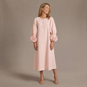 Linen A-Line Midi Dress with Textured Puff Sleeves and Rosette Cuffs