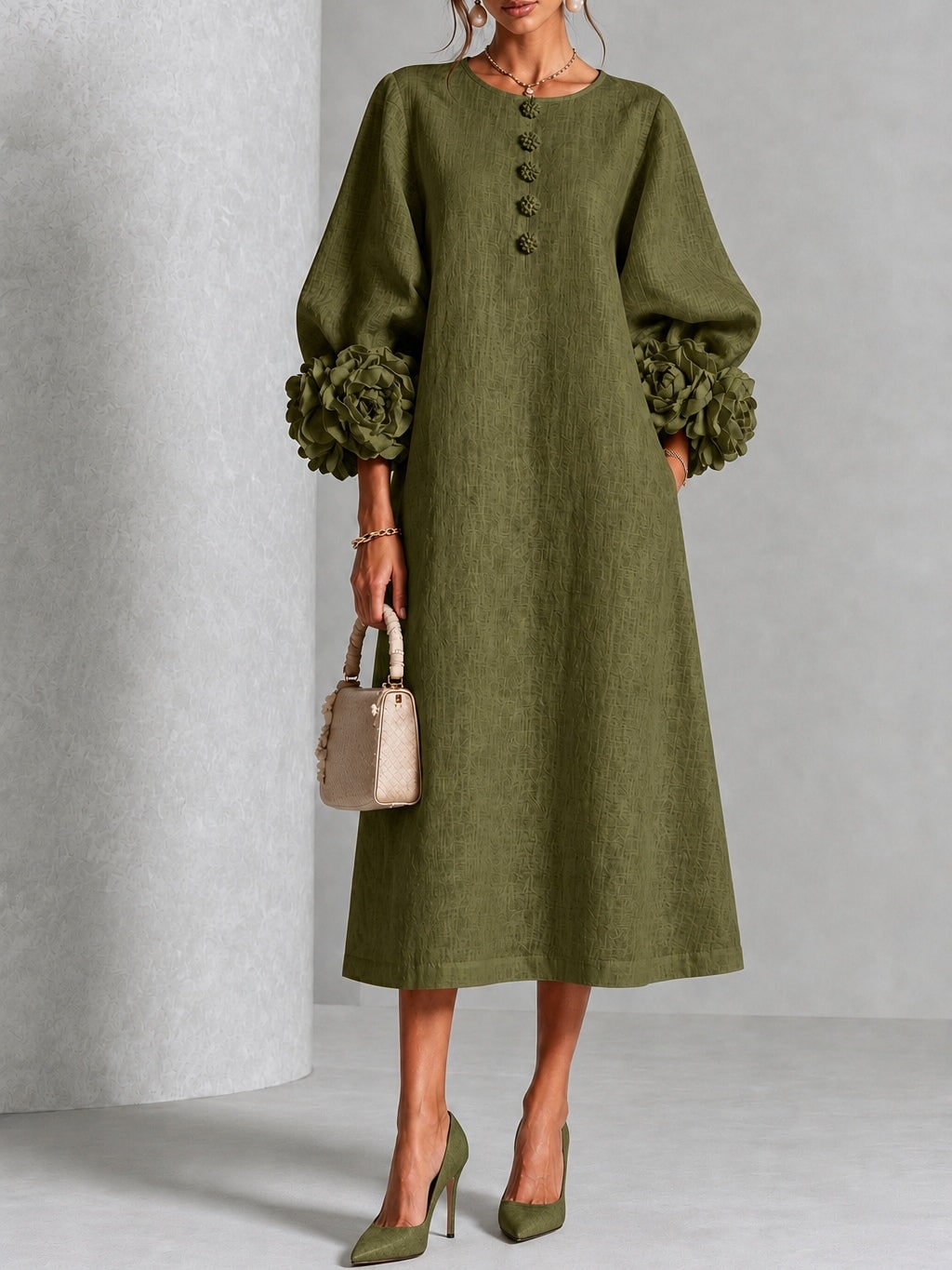 Linen A-Line Midi Dress with Puff Sleeves and Rosette Cuffs 2