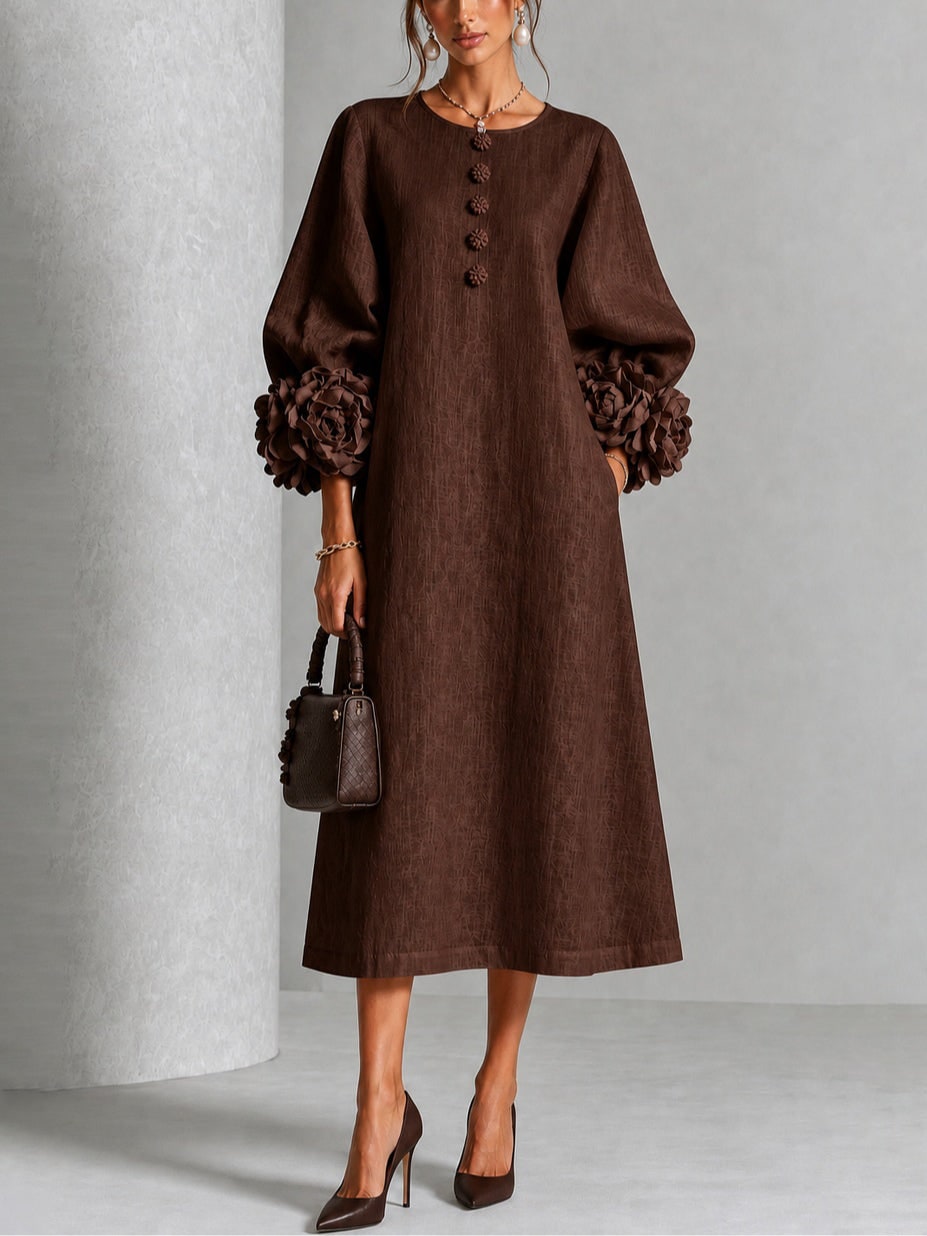 Linen A-Line Midi Dress with Puff Sleeves and Rosette Cuffs 3