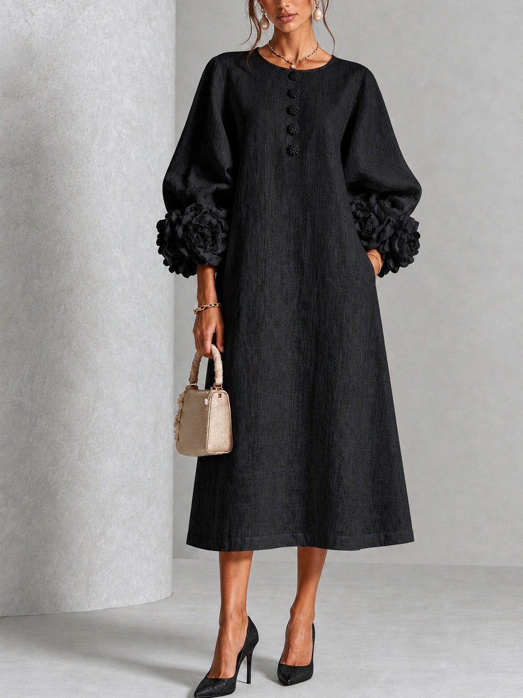 Linen A-Line Midi Dress with Puff Sleeves and Rosette Cuffs 4