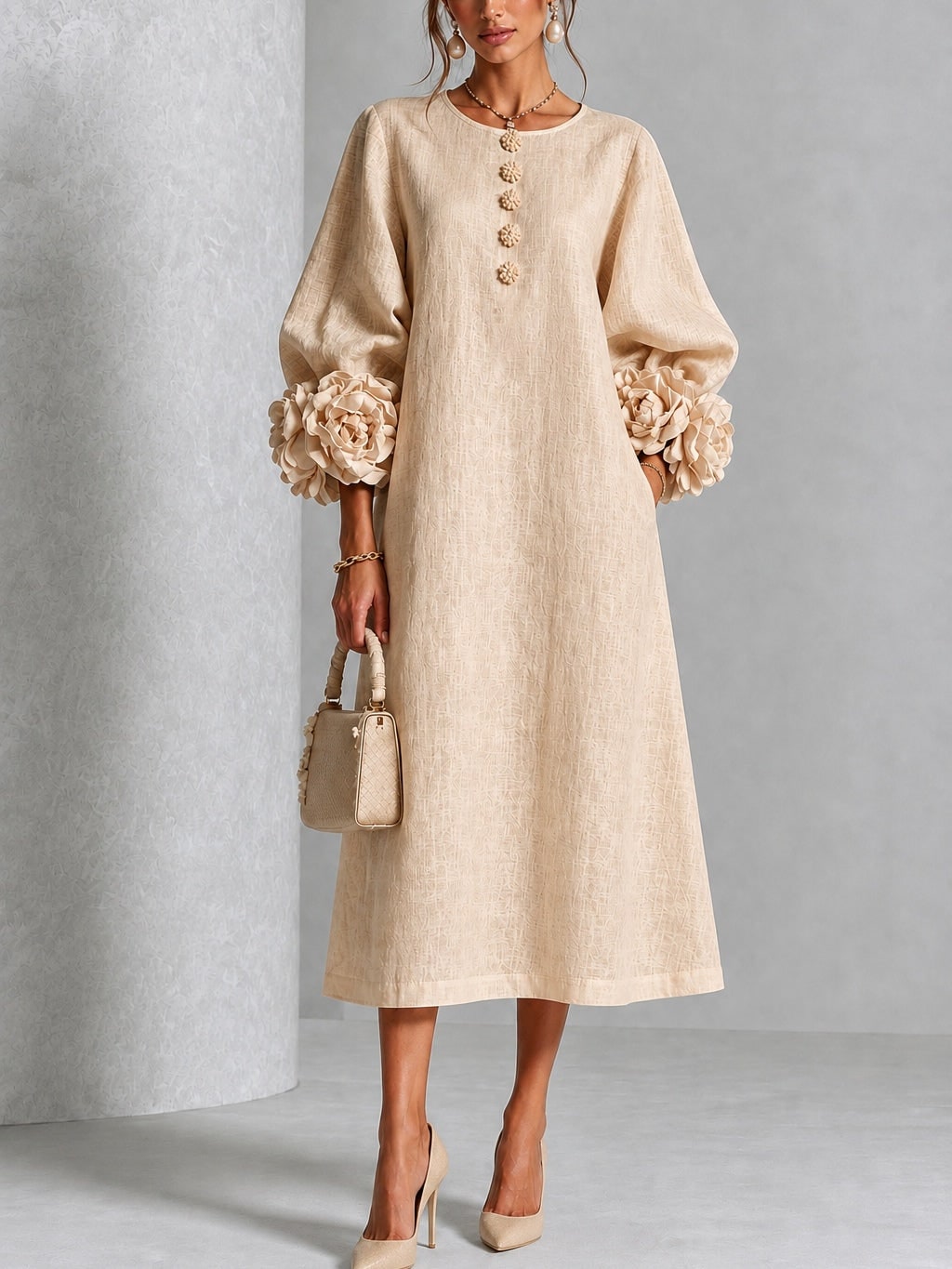 Linen A-Line Midi Dress with Puff Sleeves and Rosette Cuffs 5