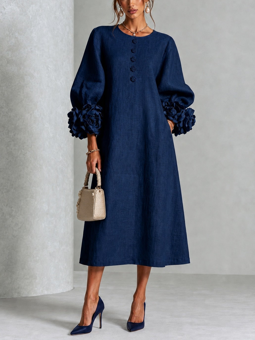 Linen A-Line Midi Dress with Puff Sleeves and Rosette Cuffs 6