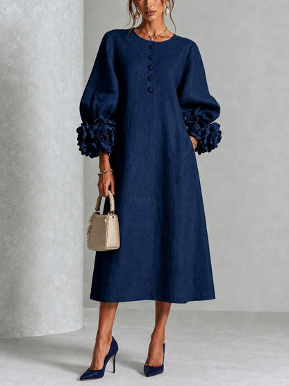 Linen A-Line Midi Dress with Puff Sleeves and Rosette Cuffs 6