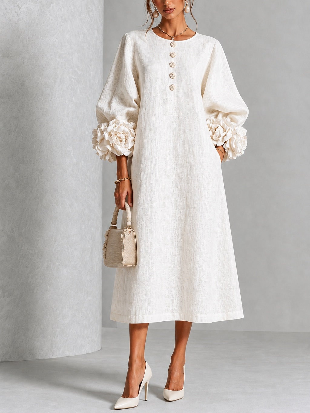 Linen A-Line Midi Dress with Puff Sleeves and Rosette Cuffs 7