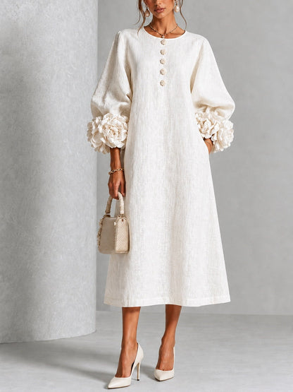 Linen A-Line Midi Dress with Puff Sleeves and Rosette Cuffs 7