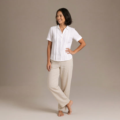 Linen Shirt Blouse with V Neck, Collar and Short Sleeves