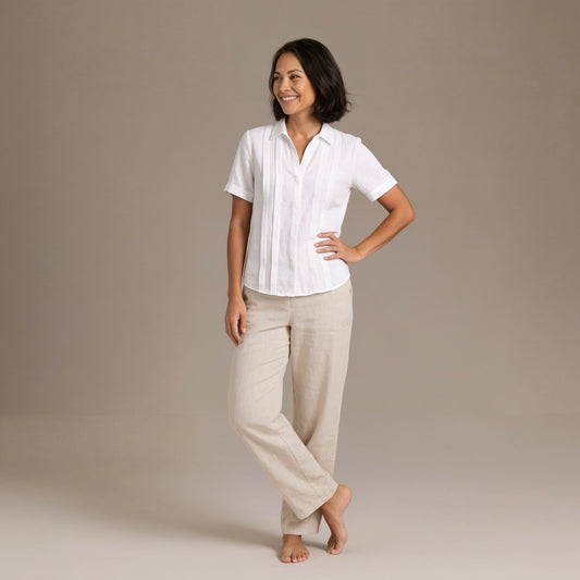Linen Shirt Blouse with V Neck, Collar and Short Sleeves